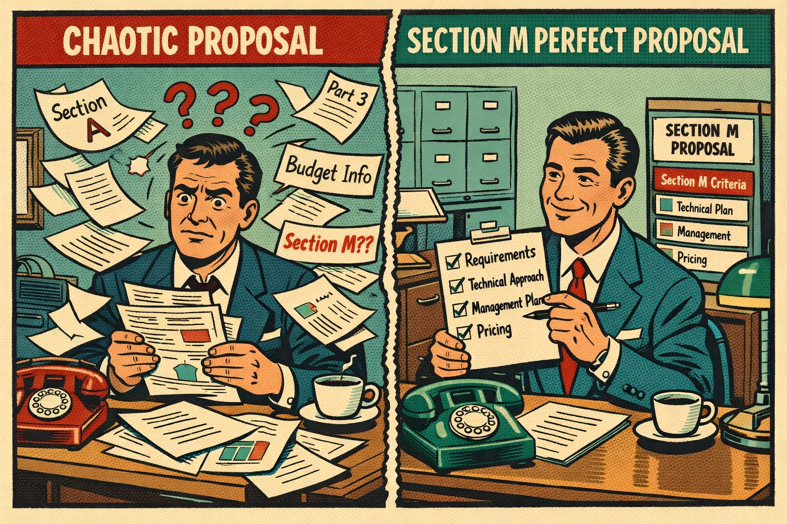 Comparison of disorganized proposal versus well-structured proposal aligned with Section M criteria