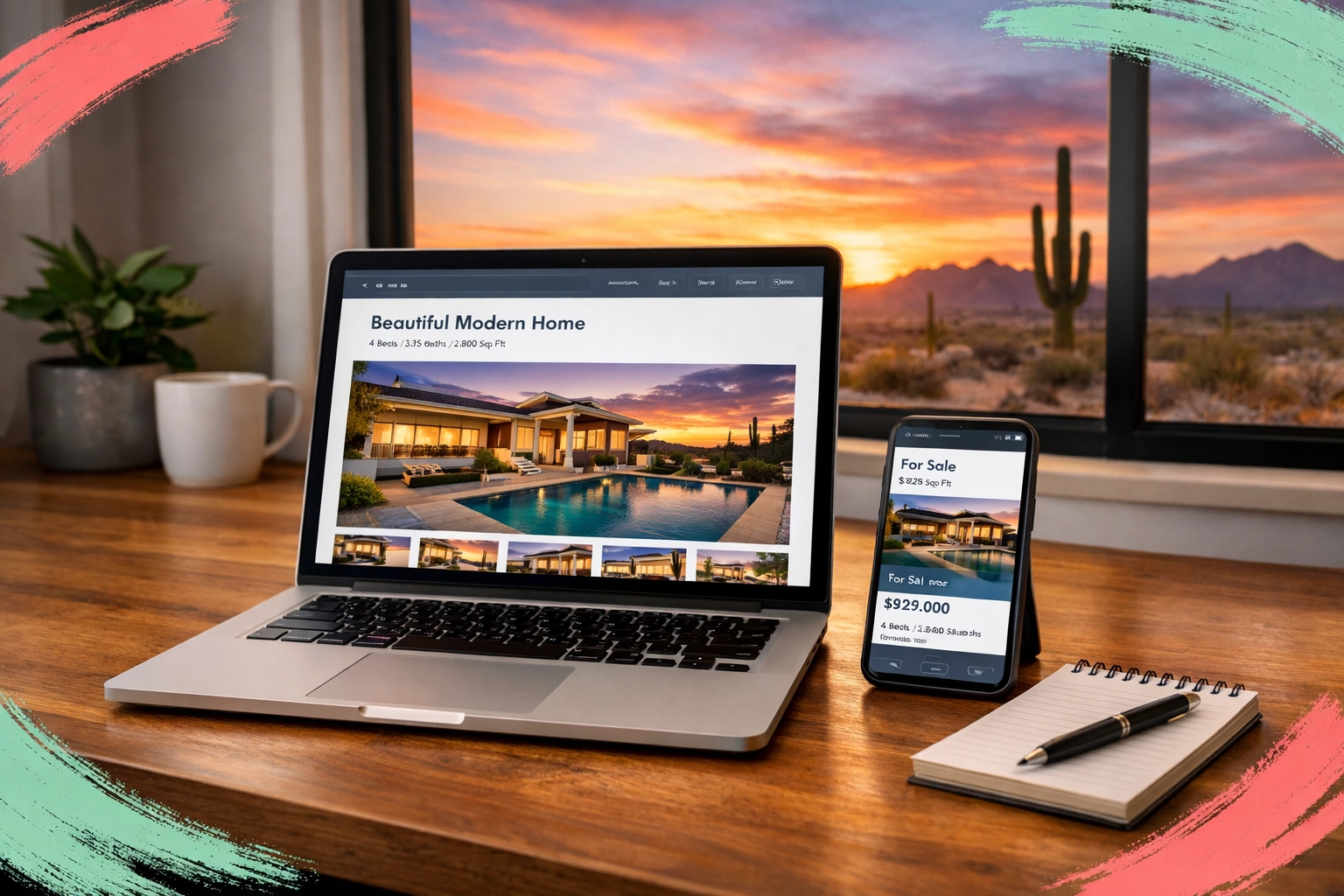 Modern home office desk with laptop and phone displaying Arizona real estate listings