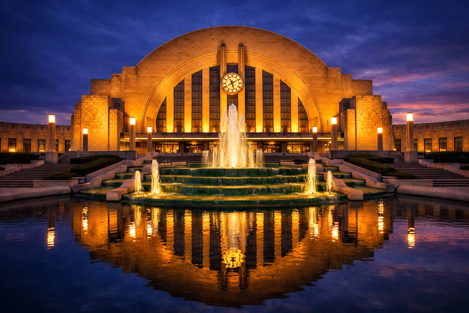 The iconic Cincinnati Museum Center at Union Terminal illuminated at dusk in Hamilton County.