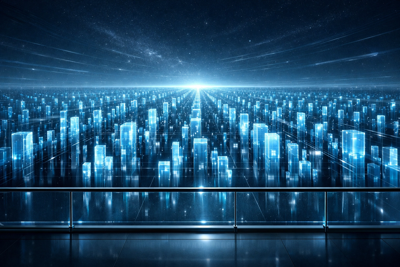 A futuristic digital landscape illustrating a scalable enterprise driven by an AI-powered operating model.