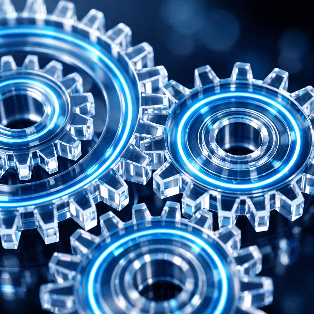 Interlocking translucent gears representing the seamless integration of different software for automated business support.