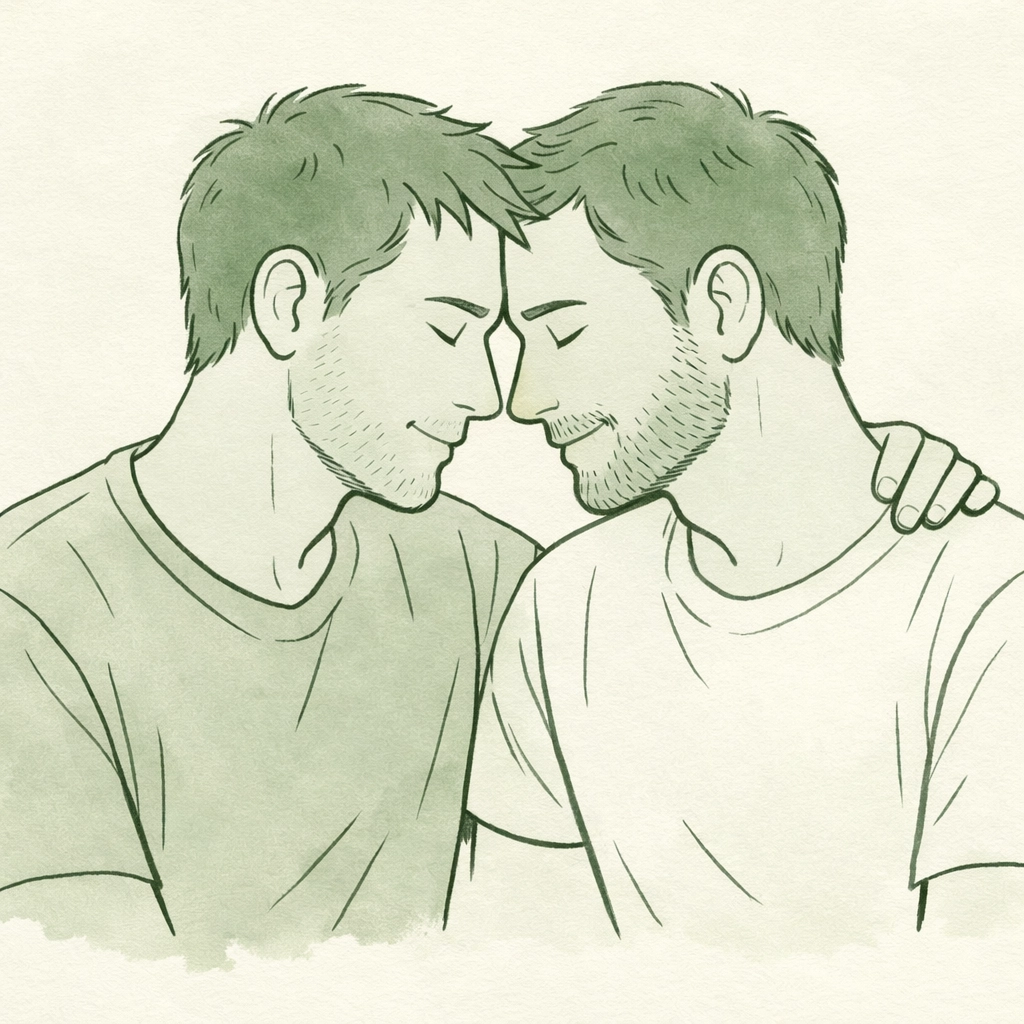Gay couple sharing emotional vulnerability and tender connection in character-driven romance