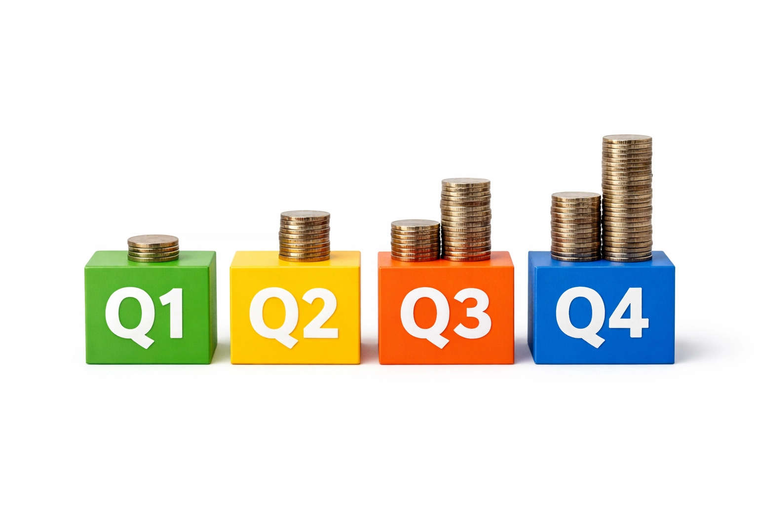 Four quarterly tax payment periods represented with calendar blocks and increasing coin stacks