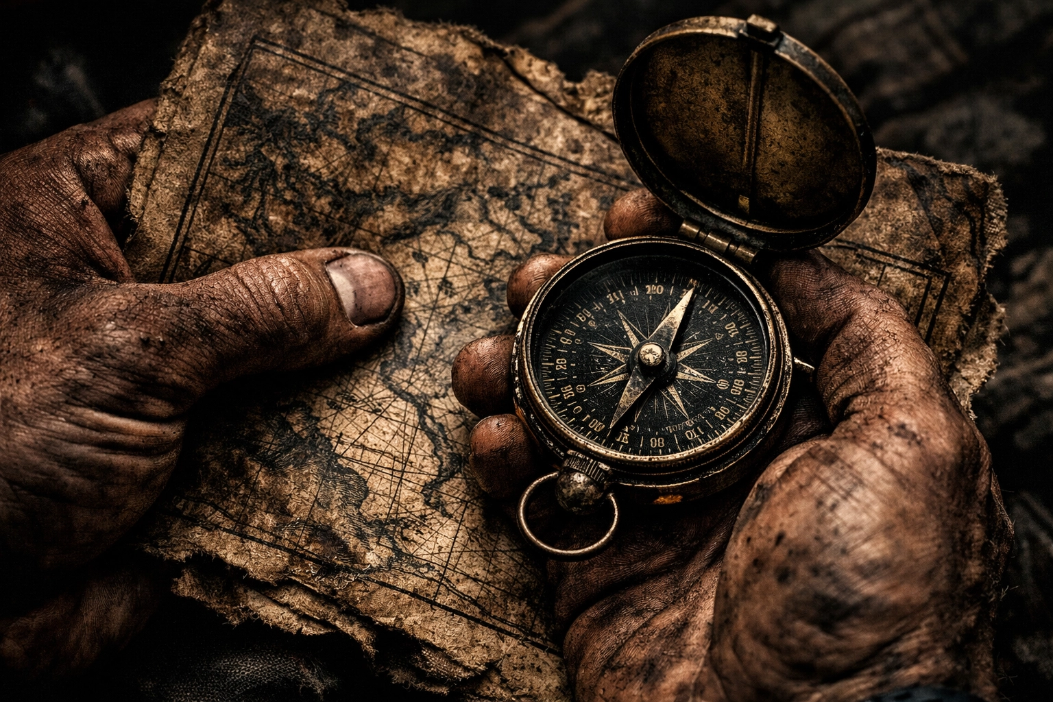 Rugged compass and map in rough hands