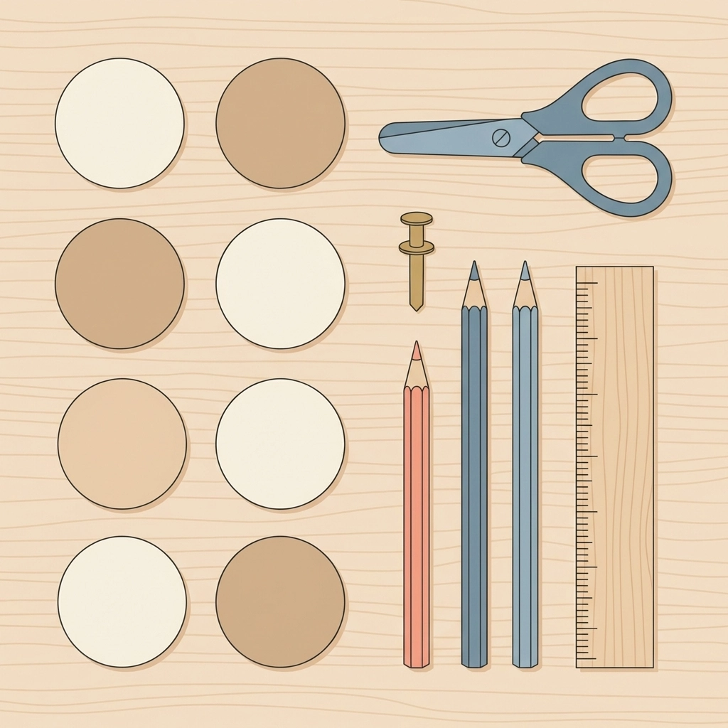 Top-down view of DIY moon calendar craft supplies including cardboard circles, scissors, and colored pencils