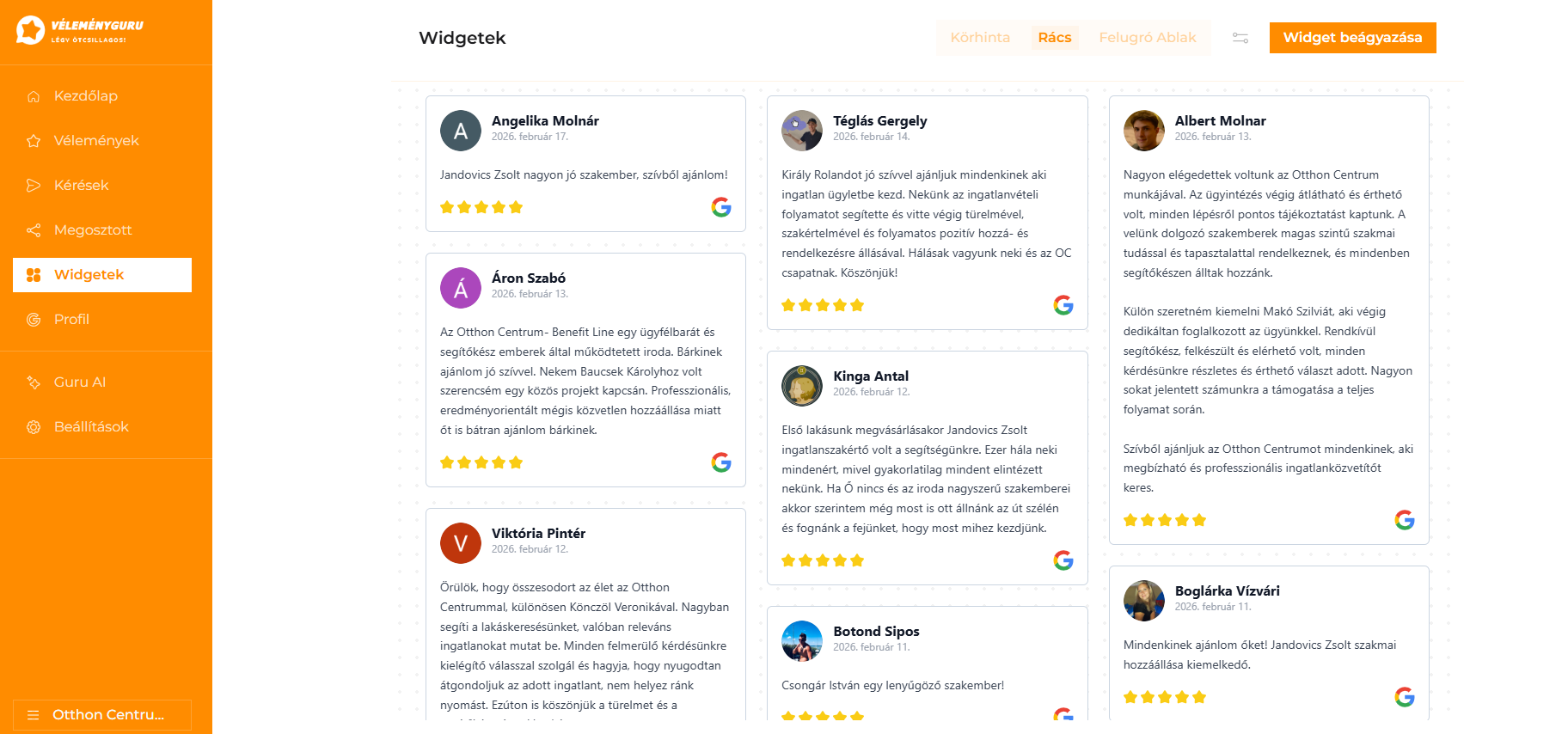VéleményGuru platform Widgetek menüpont rácsnézet