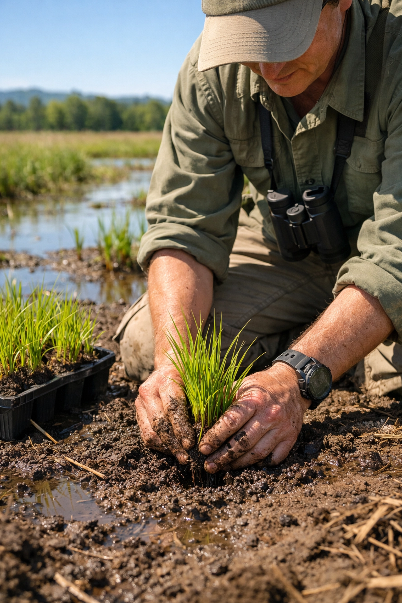A conservationist planting native grasses during a wetland restoration project to show measurable habitat progress.