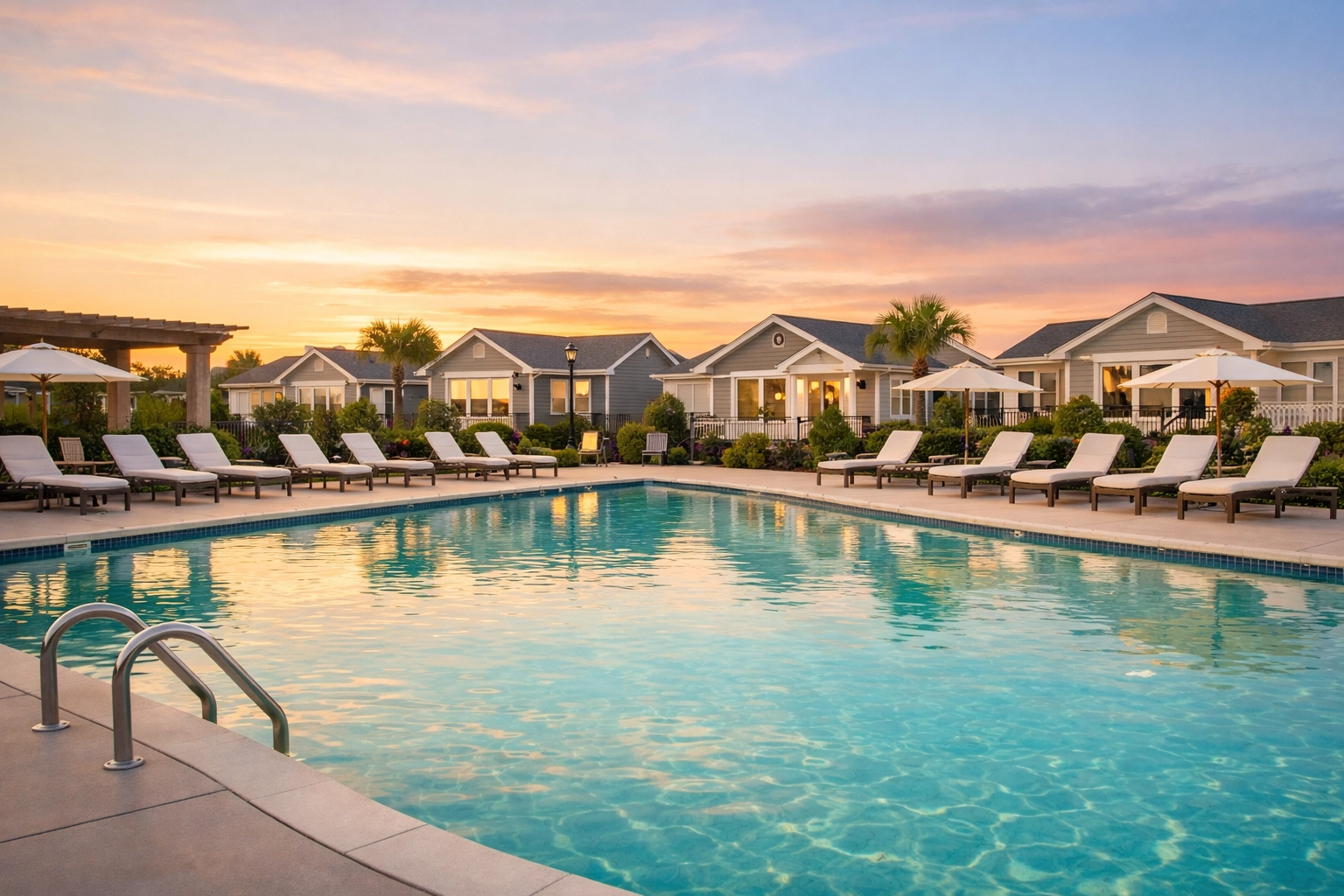 A crystal clear community swimming pool and modern manufactured homes in a quiet Crosby neighborhood.