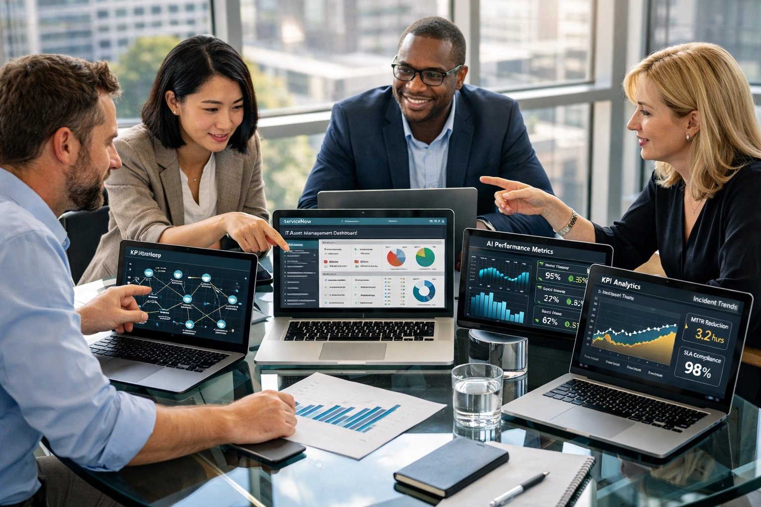 ServiceNow consulting team analyzing ITOM and ITAM performance metrics for AI implementation