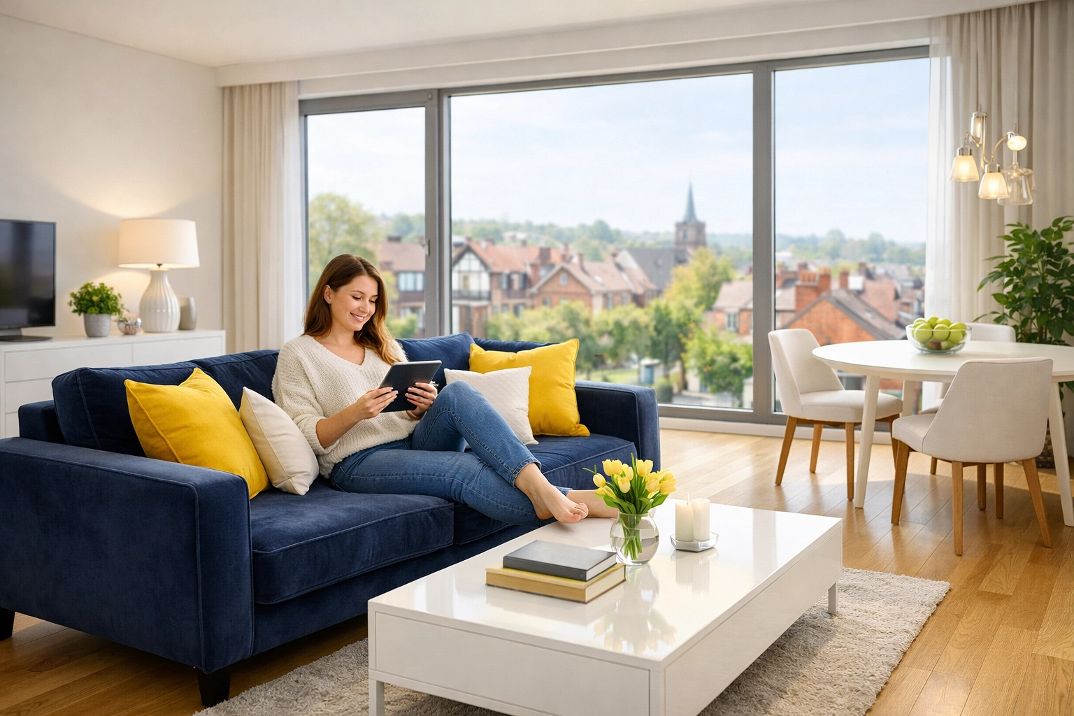 Young professional relaxing in a clean Shrewsbury apartment after a professional house cleaning service.
