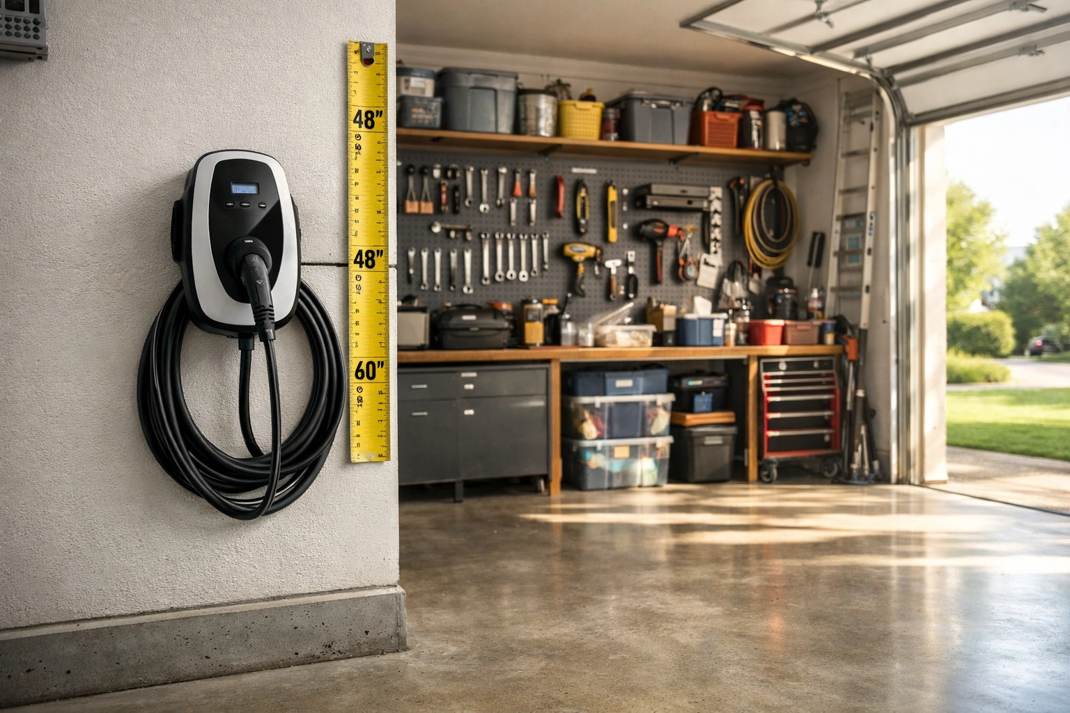 Professional EV charger installation in Marietta garage showing proper mounting height and setup