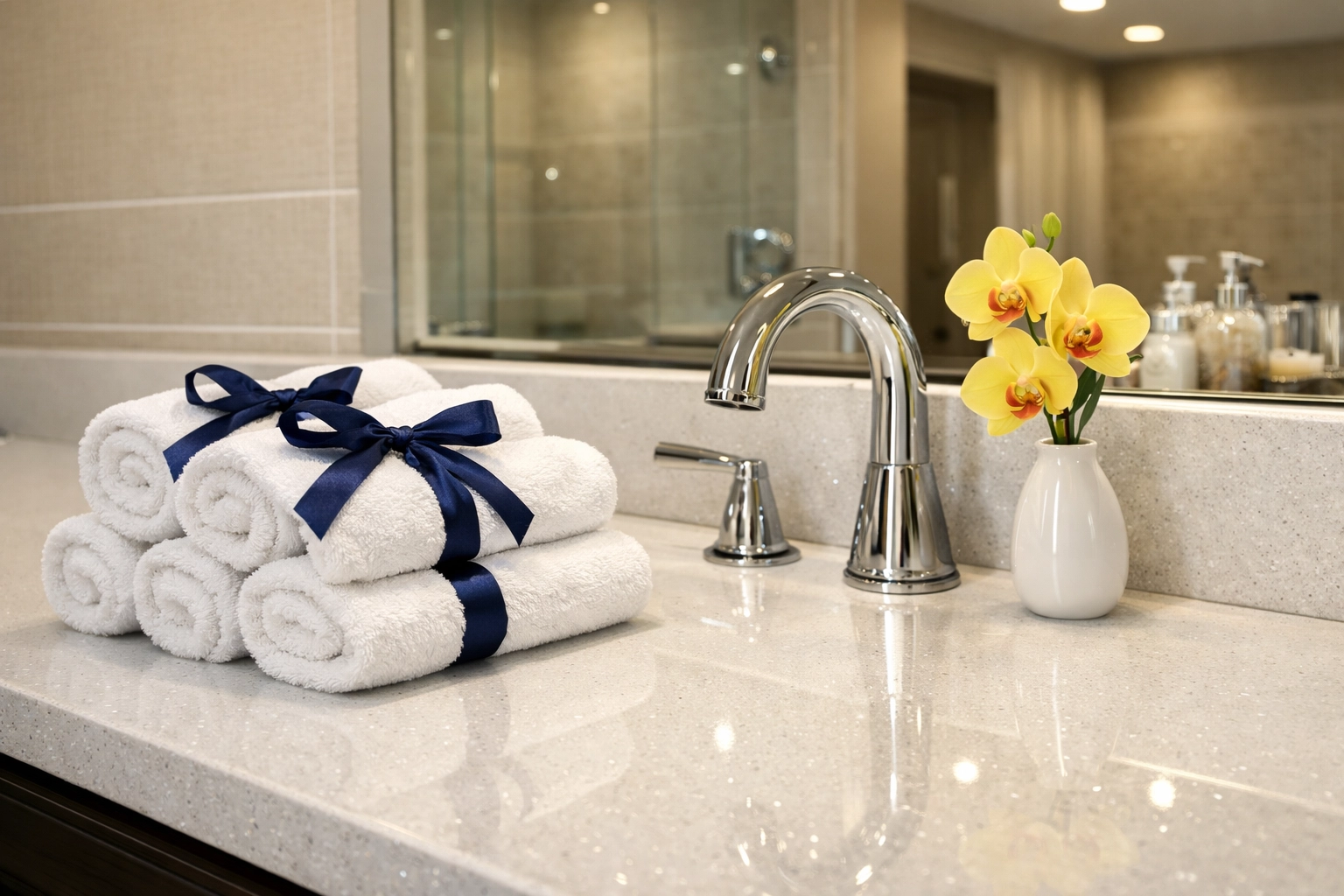 Detail-focused bathroom cleaning showing a sparkling vanity and polished fixtures from house cleaning in Westborough.