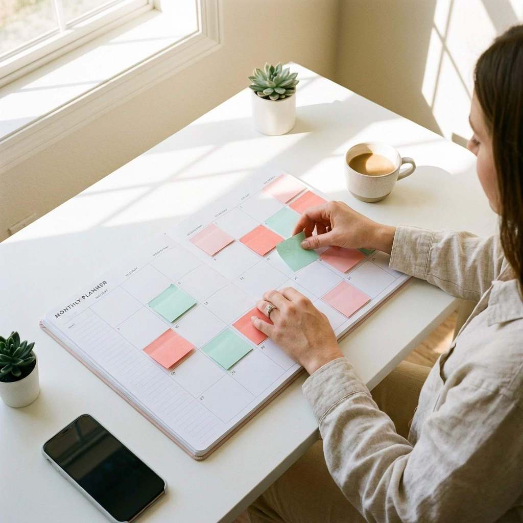 A person sits at a bright desk using pastel sticky notes to organize a monthly planner