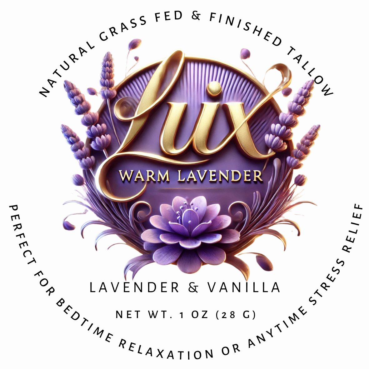 Lux Warm Lavender Tallow balm with lavender and vanilla fragrance, made from natural grass-fed and finished tallow, designed for bedtime relaxation or stress relief. Features visuals of lavender flowers and a purple theme to evoke calm. Net weight 1 oz (28g).