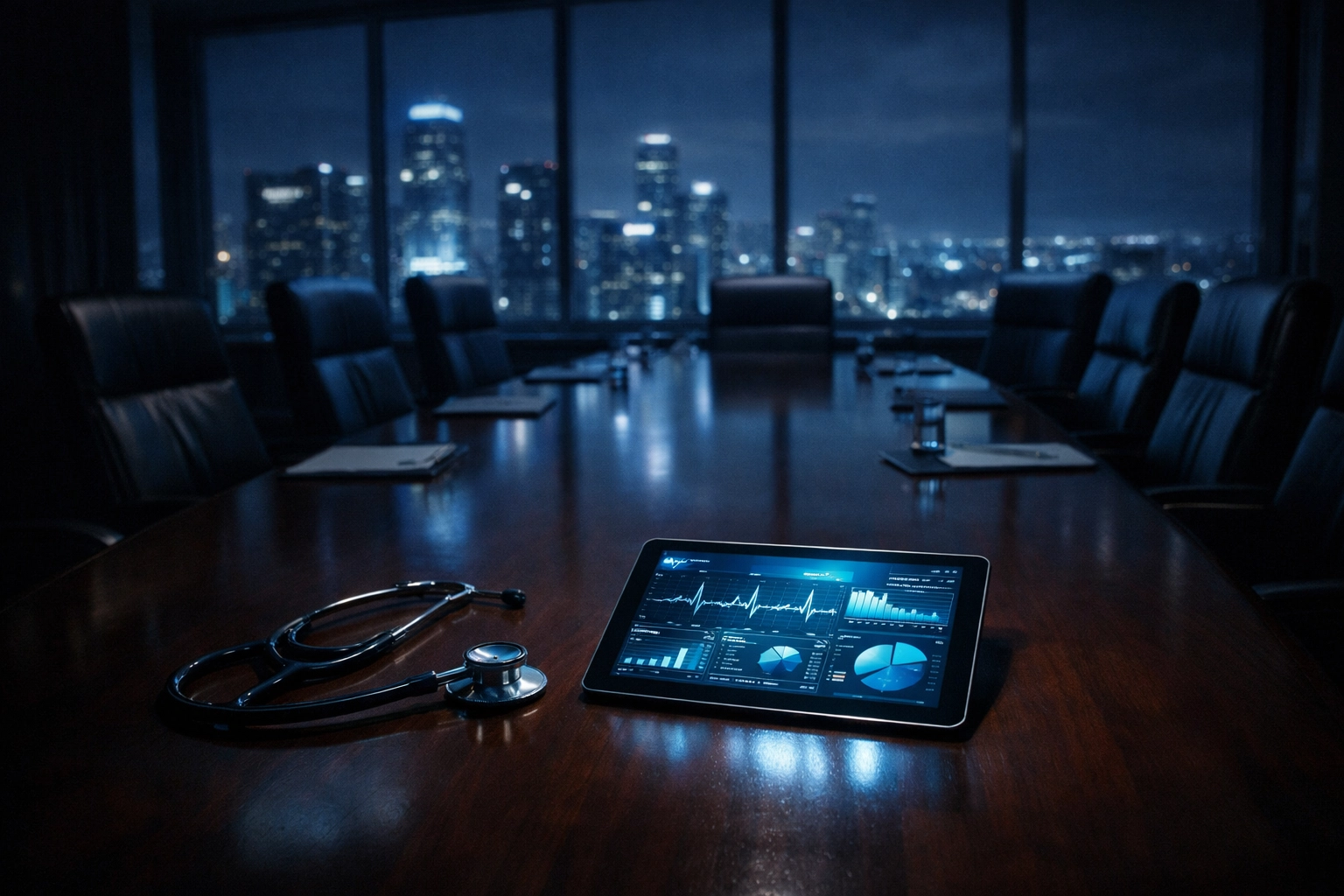 Hospital boardroom featuring a stethoscope and data tablet representing healthcare leadership and margin expansion.