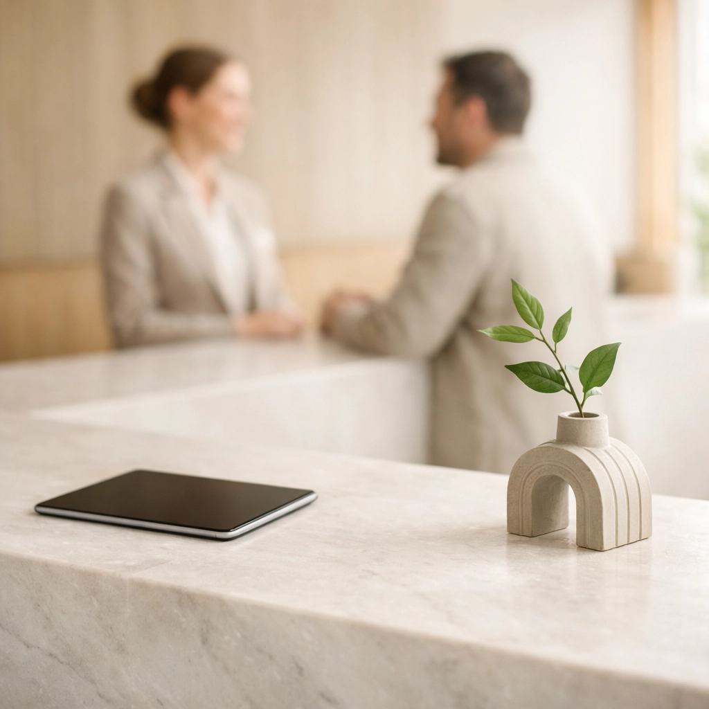 Minimalist marble hotel reception desk with staff providing human-centric hospitality and guest service.