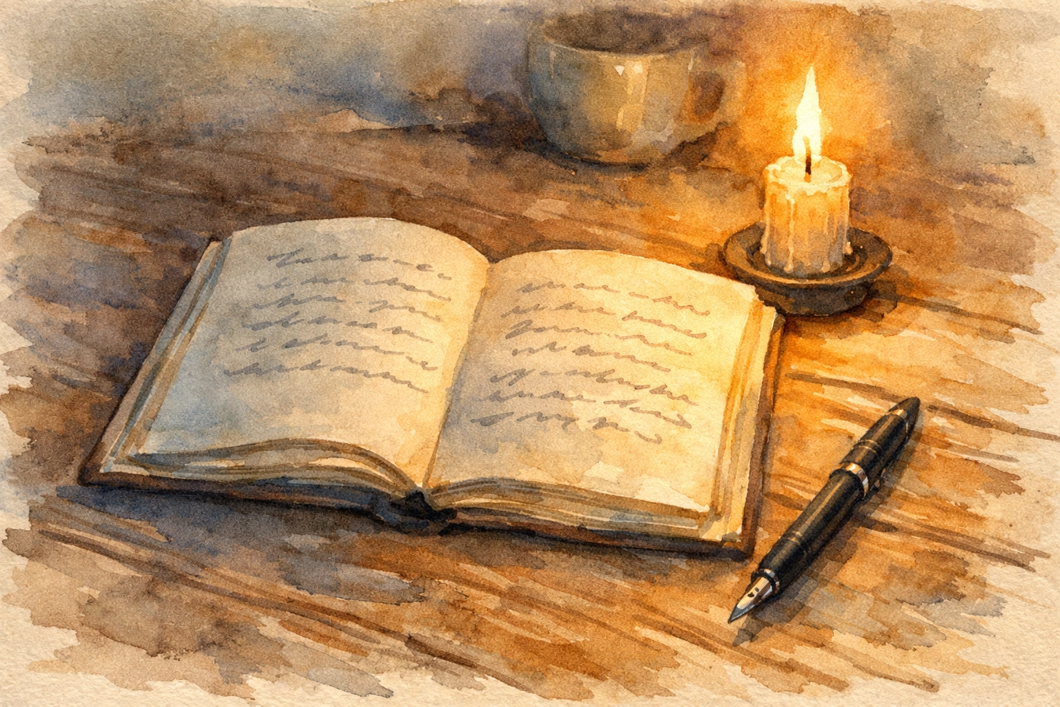 Prayer journal on table with candlelight for nighttime spiritual reflection