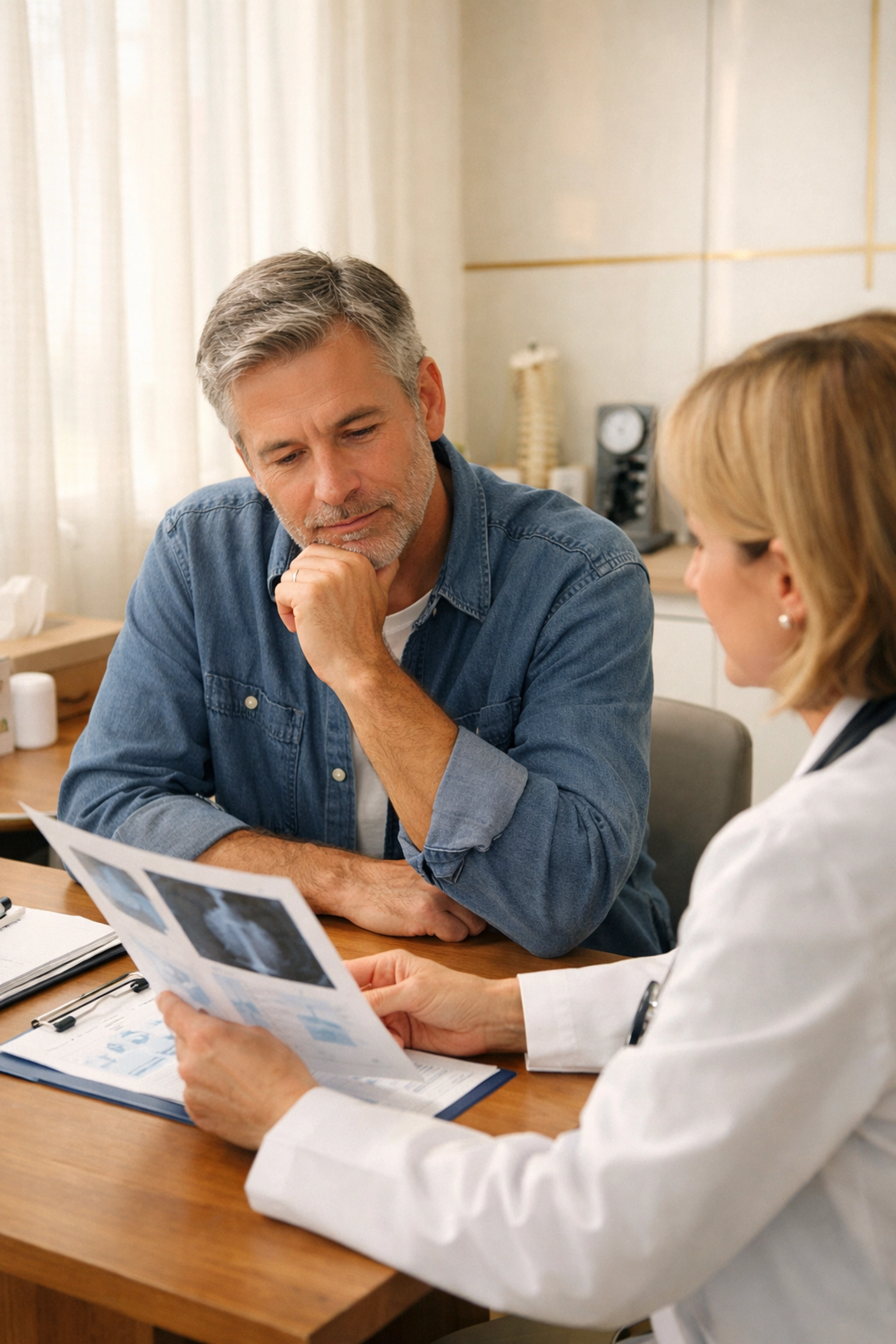 Man consulting with healthcare provider about testosterone replacement therapy evaluation