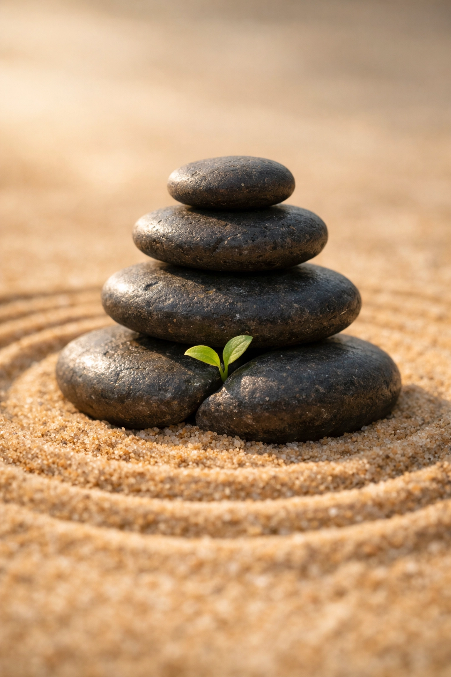 Balanced stone cairn with a green sprout symbolizing resilience and inner peace found through professional anger coaching.