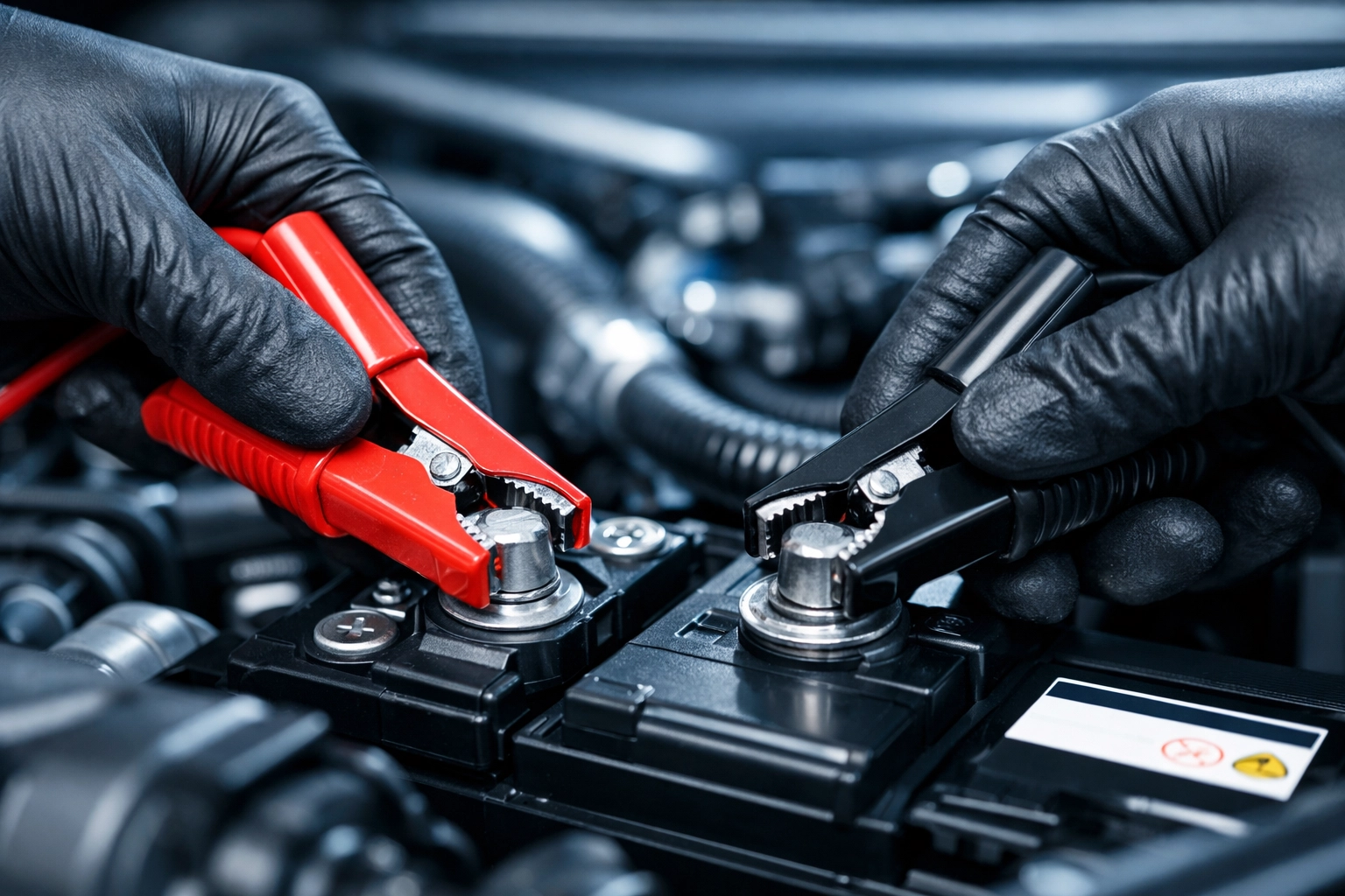 Mechanic testing a car battery terminal for spring maintenance at a Vernon auto repair shop.