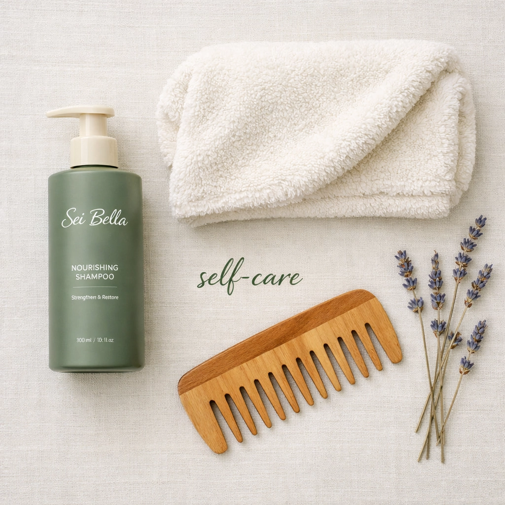 A curated self-care for women kit with hair care products, a comb, and lavender.