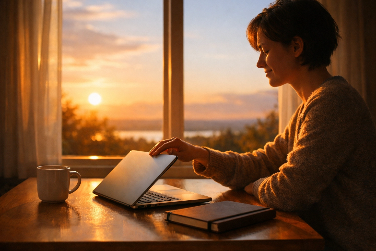 Person peacefully closing laptop at 5 PM to begin daily reset routine
