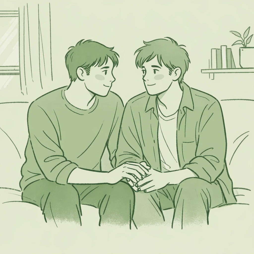 Two men sharing nervous first moment together on couch - bisexual MM romance illustration