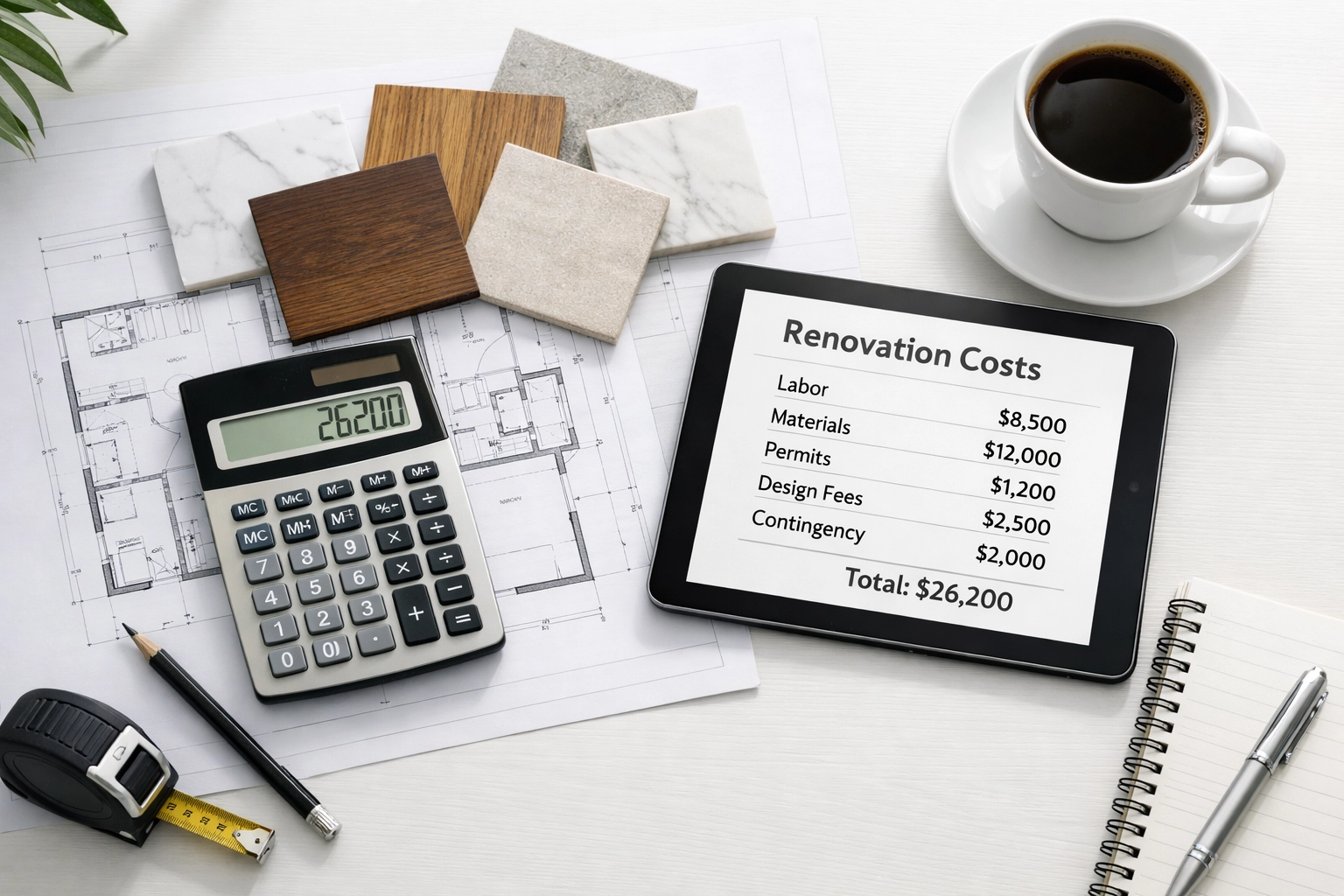 Home remodeling budget planning with blueprints and material samples for Okeechobee project