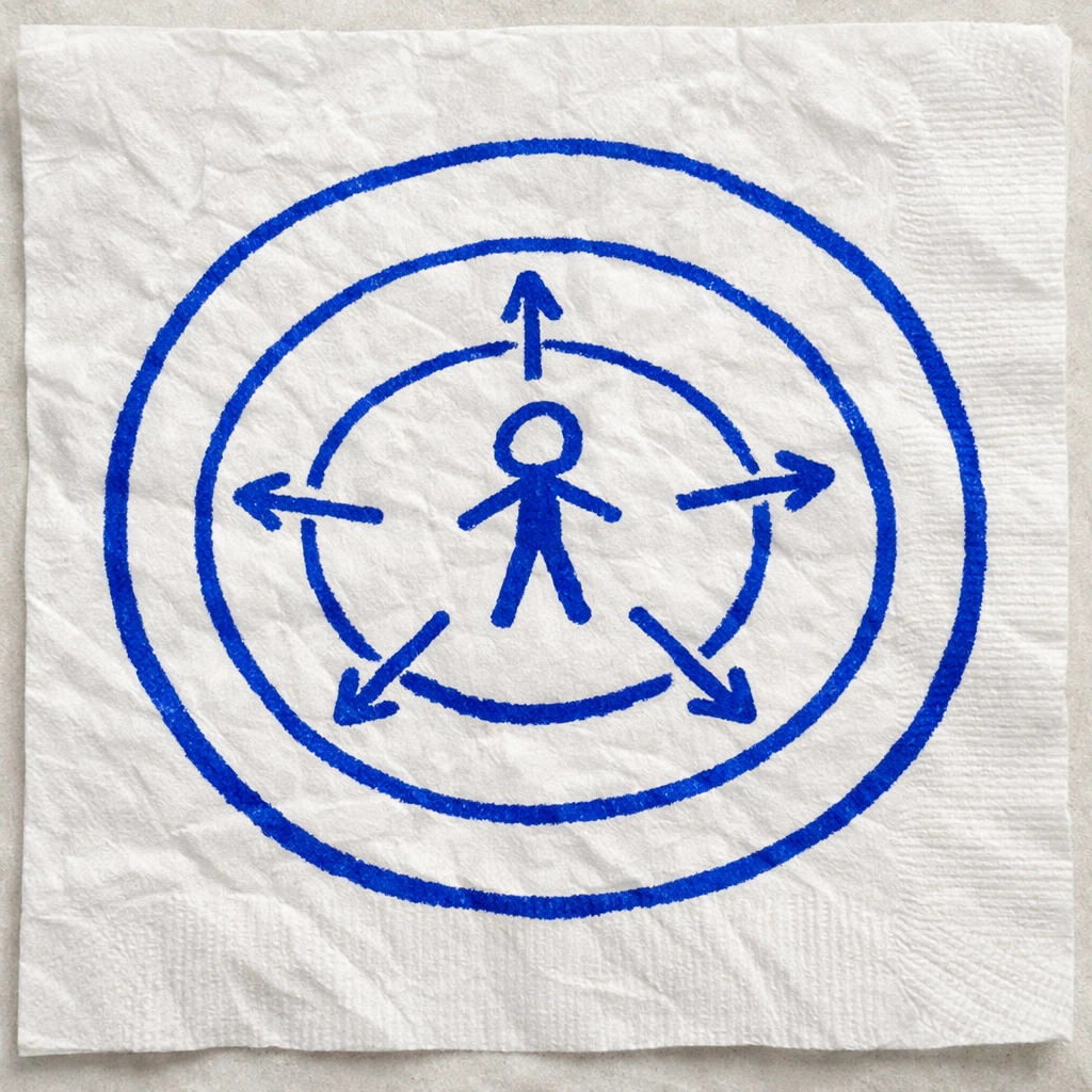 A napkin sketch showing a creator moving through expanding AI test cells toward viral growth