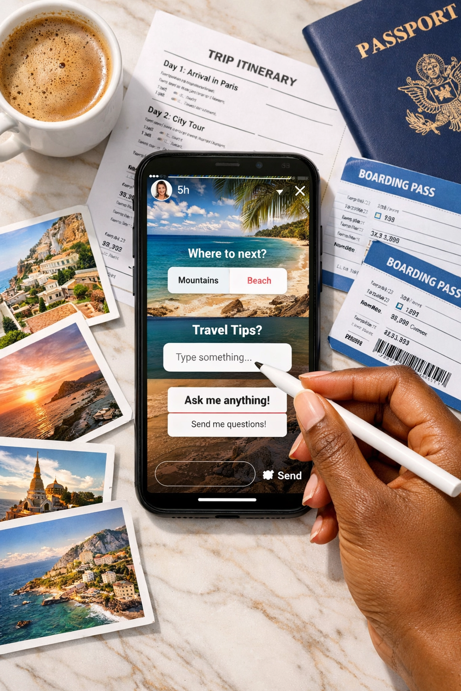 Instagram Stories interface with travel planning materials and engagement tools for lead generation