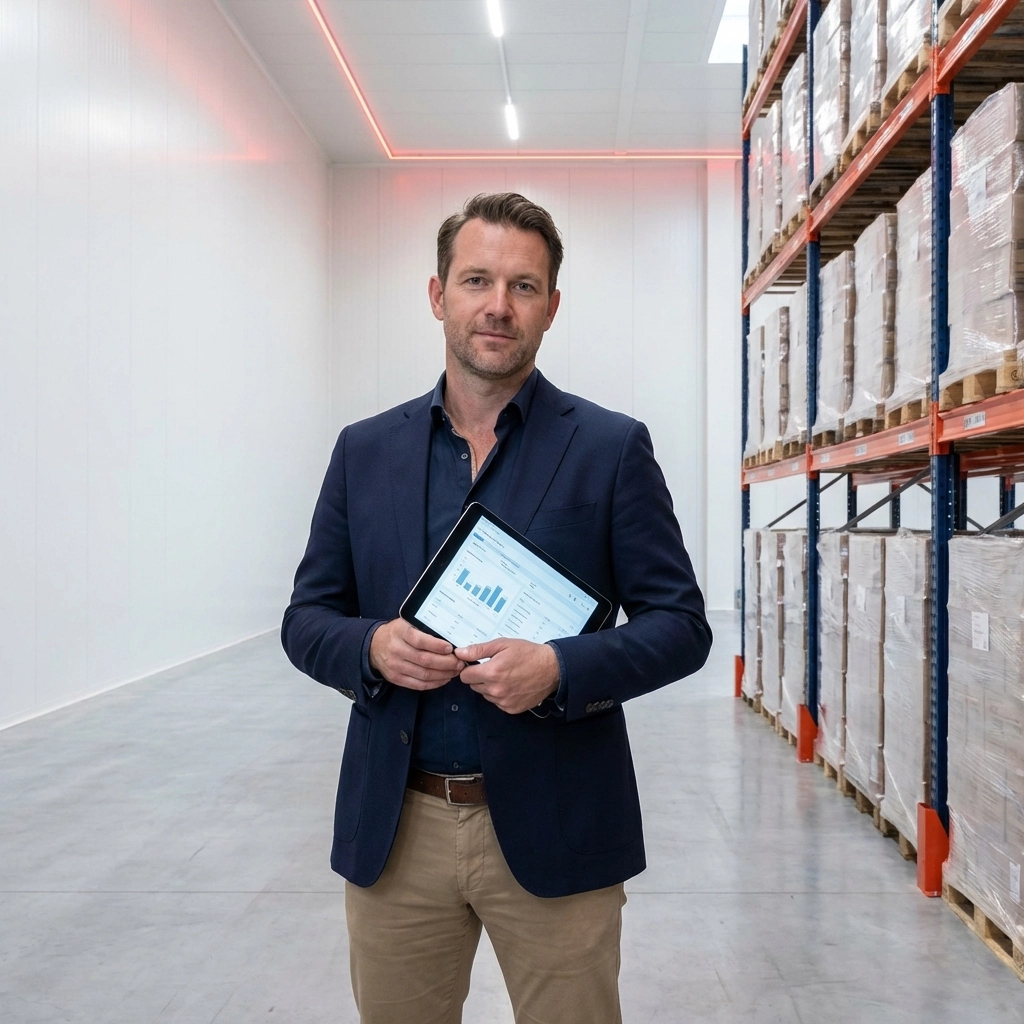 Business professional checking inventory data in a secure Hertford storage facility for efficient management