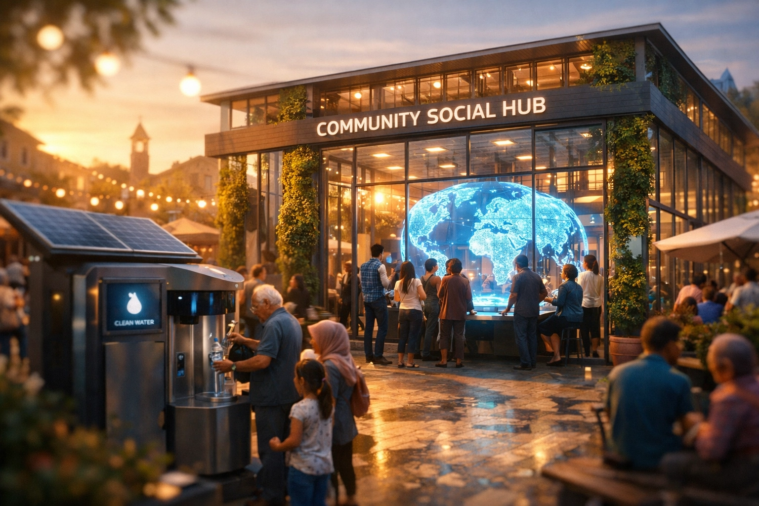 Sustainable Larecoin Community Social Hub featuring vertical gardens and clean water systems for global impact.