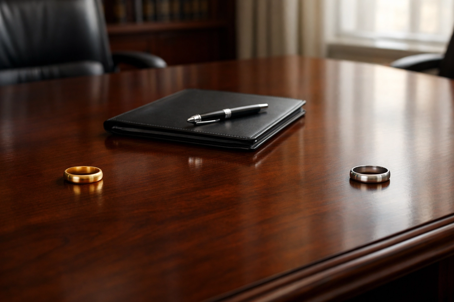 Wedding rings separated on law office table representing property division in Fredericksburg divorce