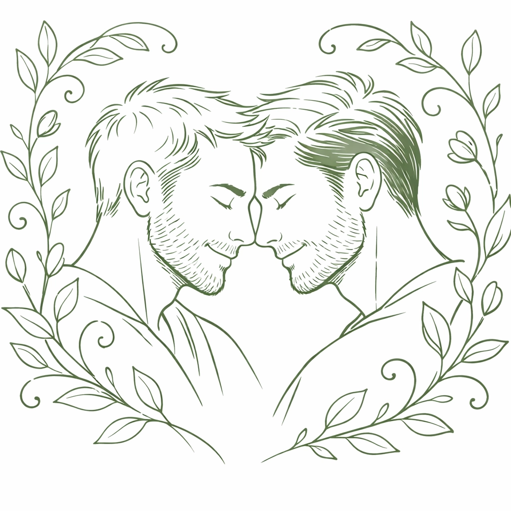 Intimate MM couple embrace with spring leaf motifs symbolizing body positivity and new growth.