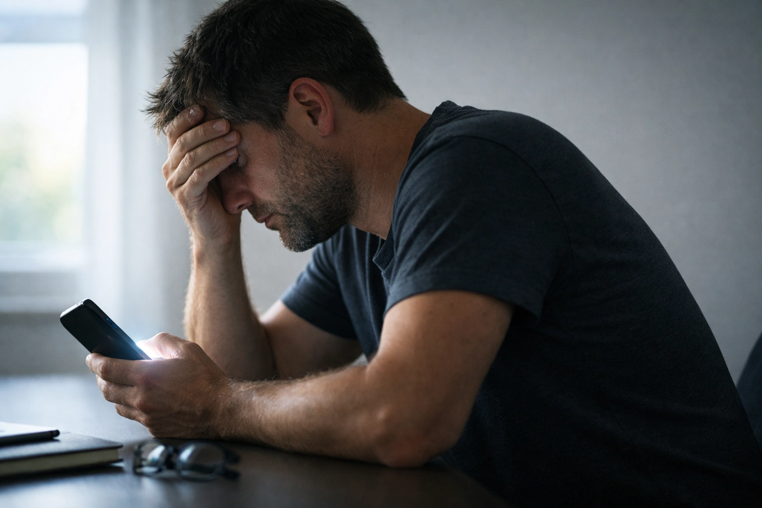 A person at a desk feeling stressed and weary while looking at news headlines on a smartphone.