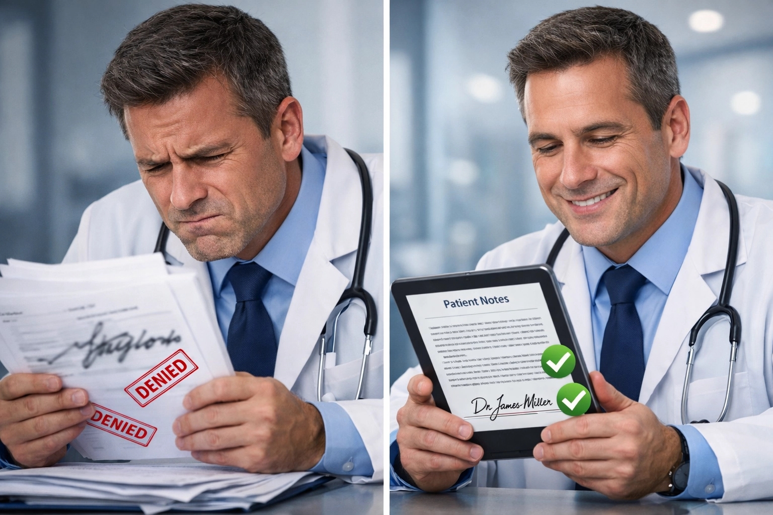 Medicare compliant documentation comparison showing illegible handwritten signature versus clear electronic signature