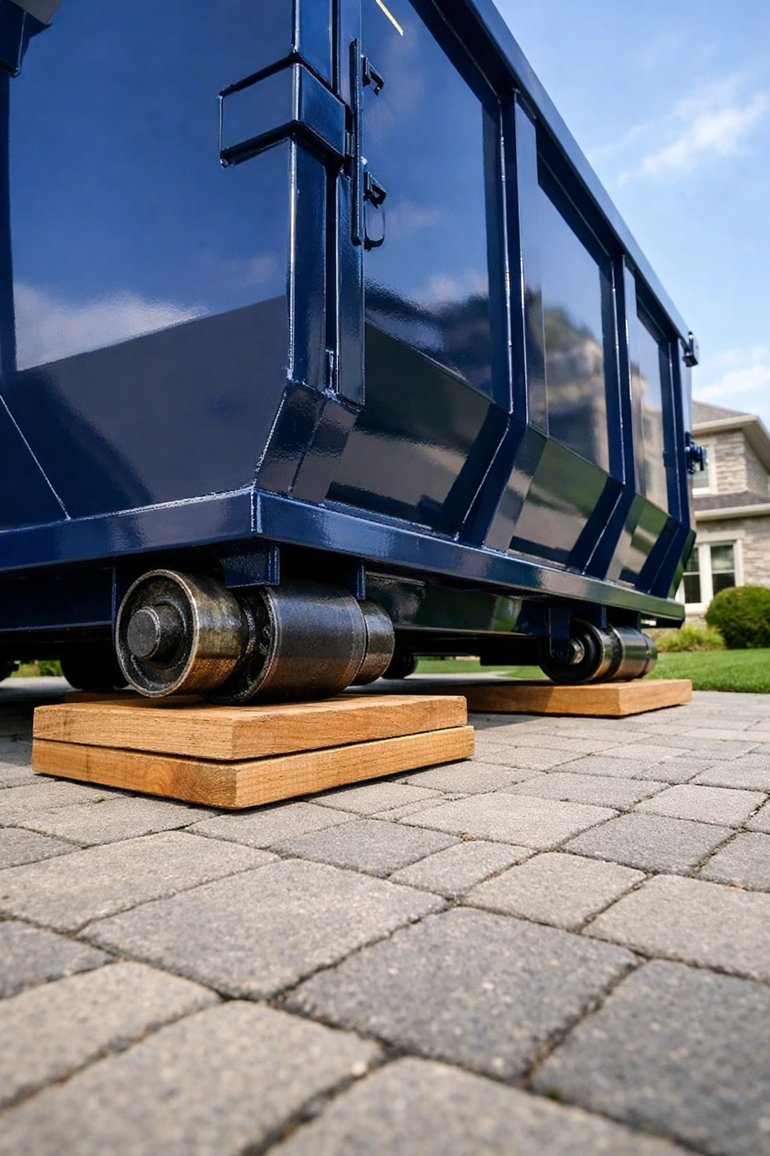 Choosing a Mississauga Dumpster Rental Mississauga dumpster rental on an interlock driveway with wooden protection planks to prevent property damage.