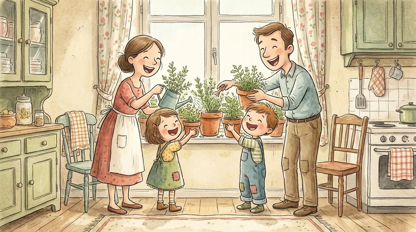 Family and kids caring for a windowsill herb garden together in the kitchen, highlighting beginner-friendly indoor gardening for families.