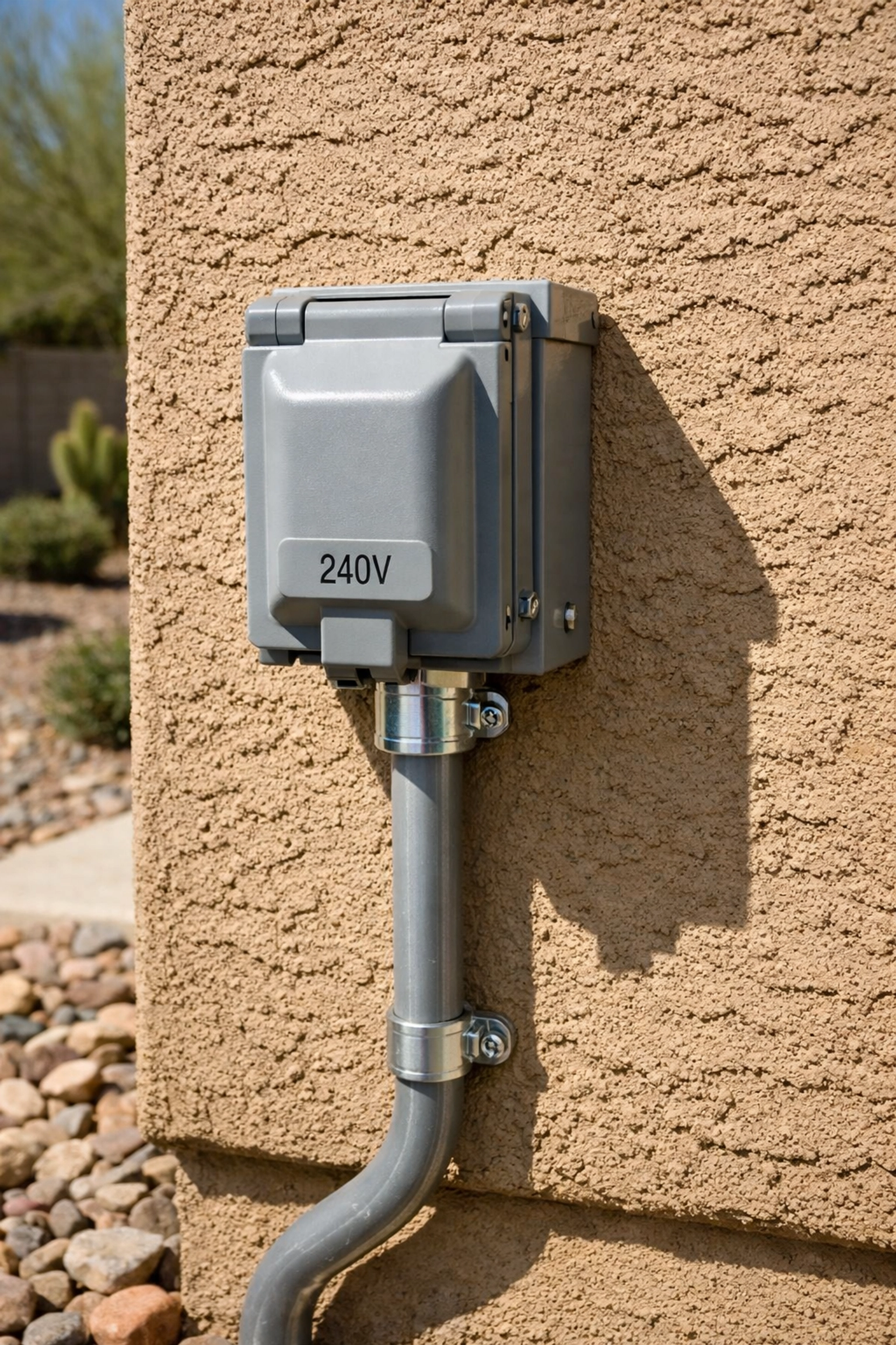 240-volt outdoor outlet on Phoenix home stucco wall for EV charger installation