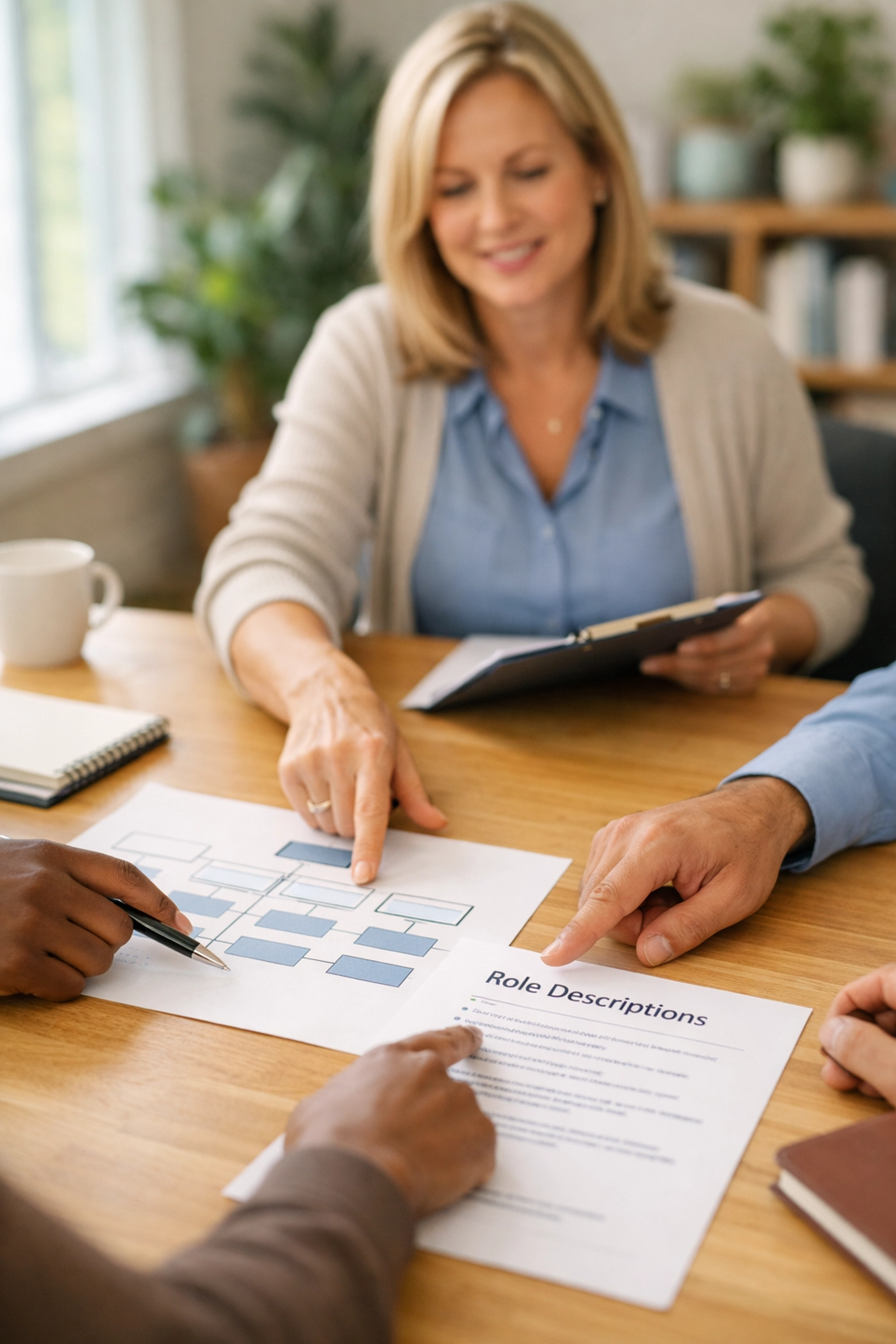 Clinical director reviewing organizational charts with behavioral health team during strategic planning meeting