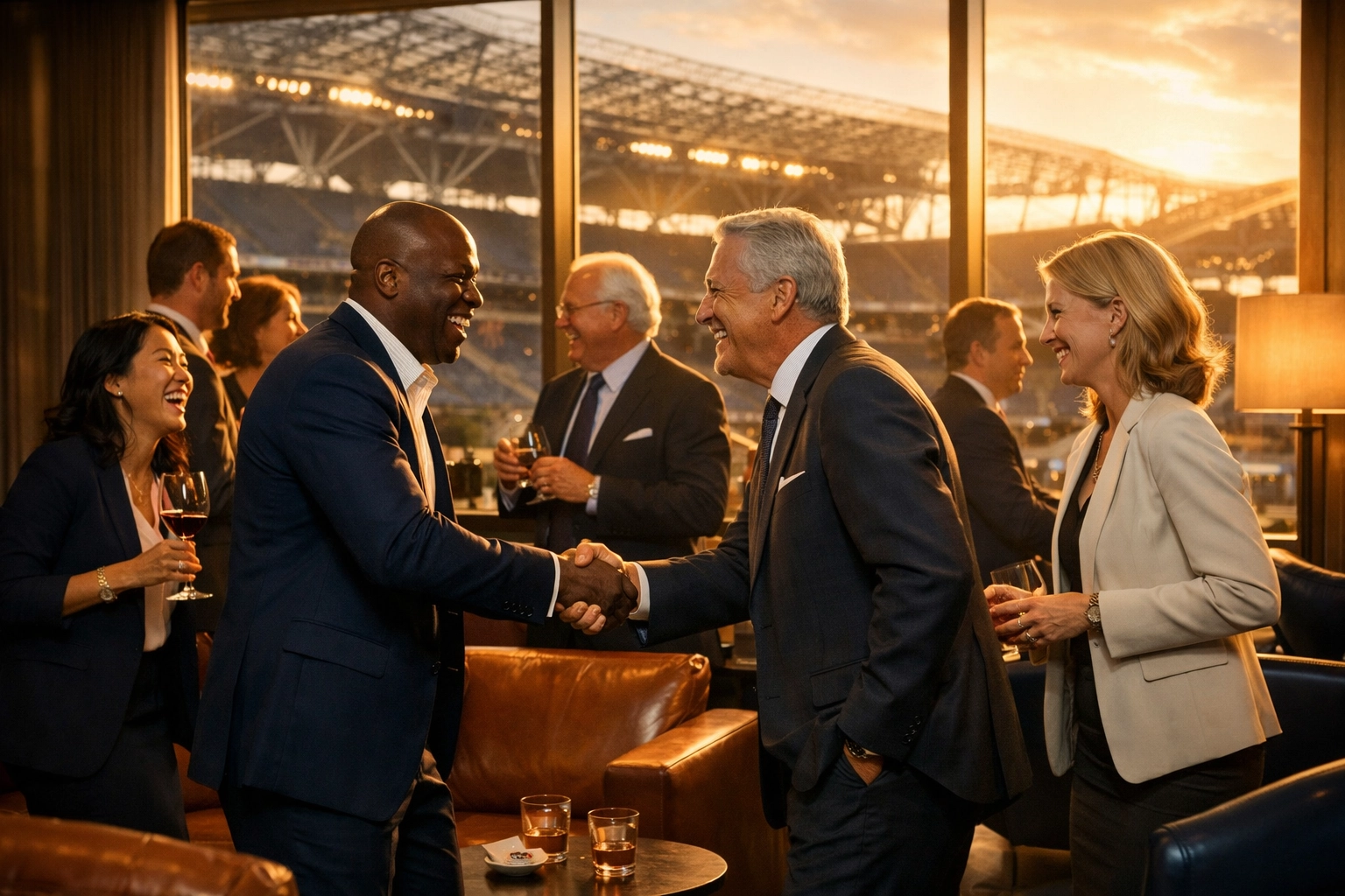 Business executives networking at Super Bowl VIP hospitality lounge building client relationships