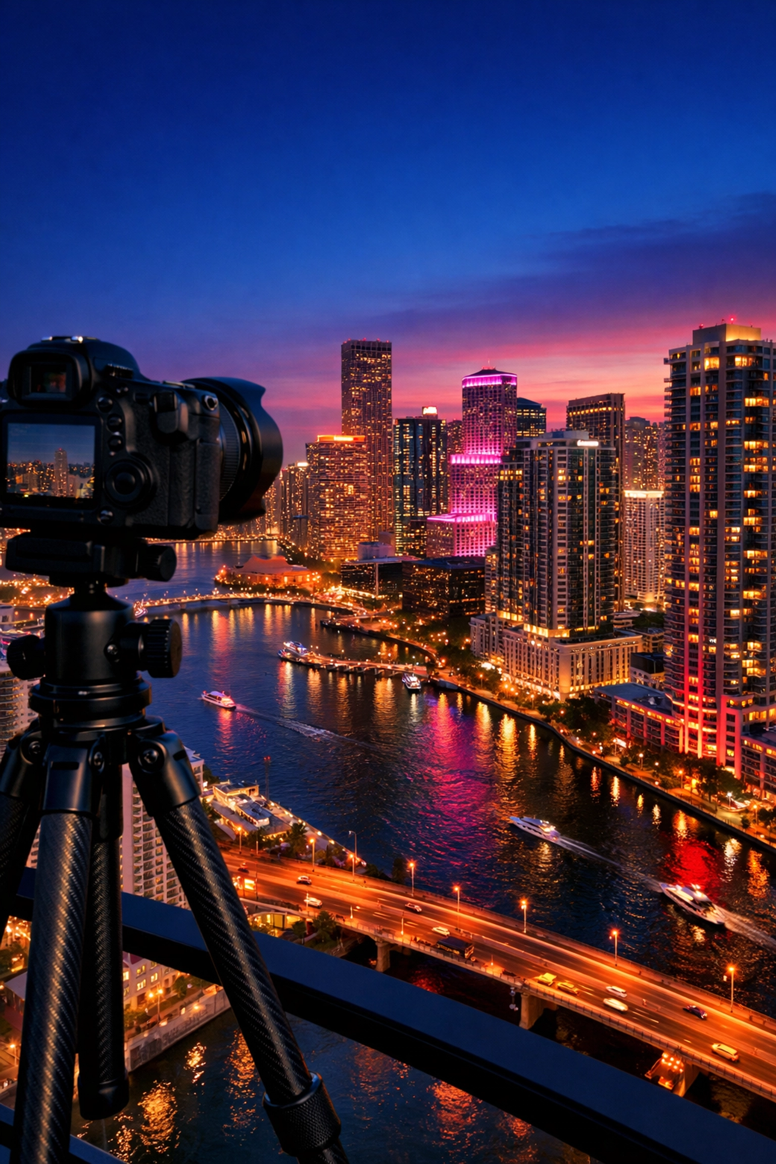 Professional commercial photographer Miami equipment overlooking the Brickell skyline at dusk.