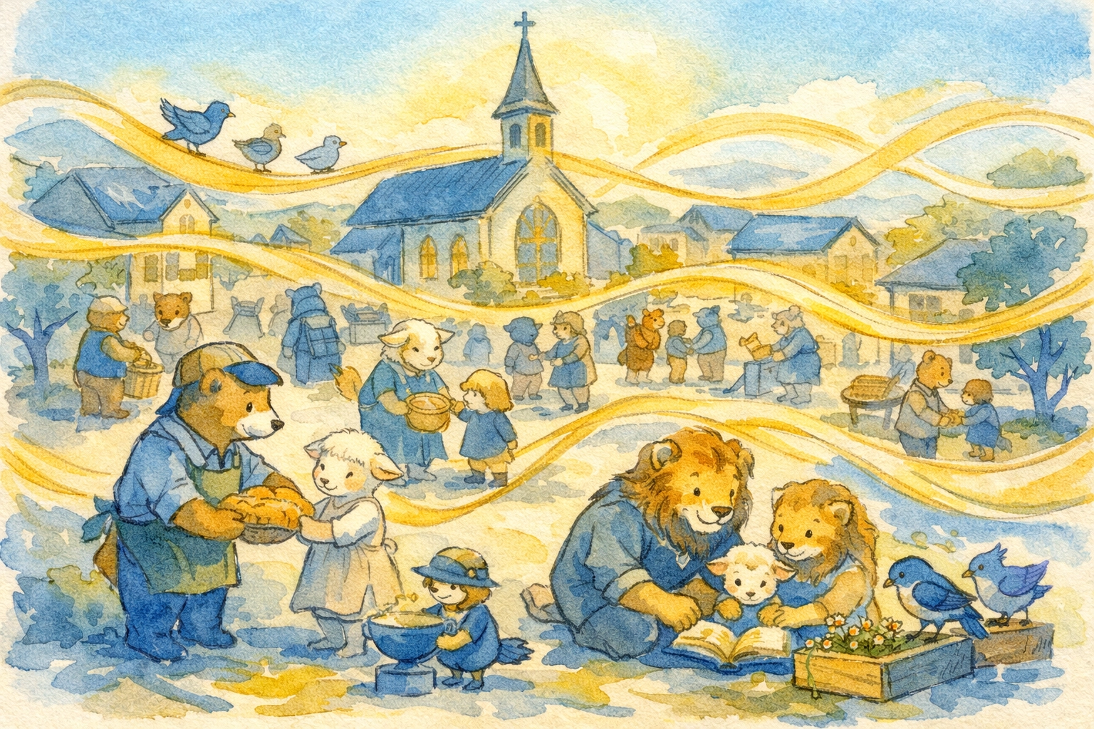 Animals of different species peacefully coexisting illustrating unity and grace in community