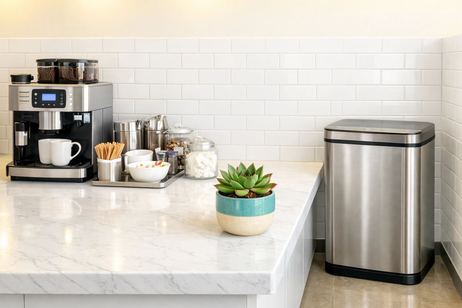 Sanitized office breakroom in Cedar Falls featuring professional trash removal and clean surfaces.