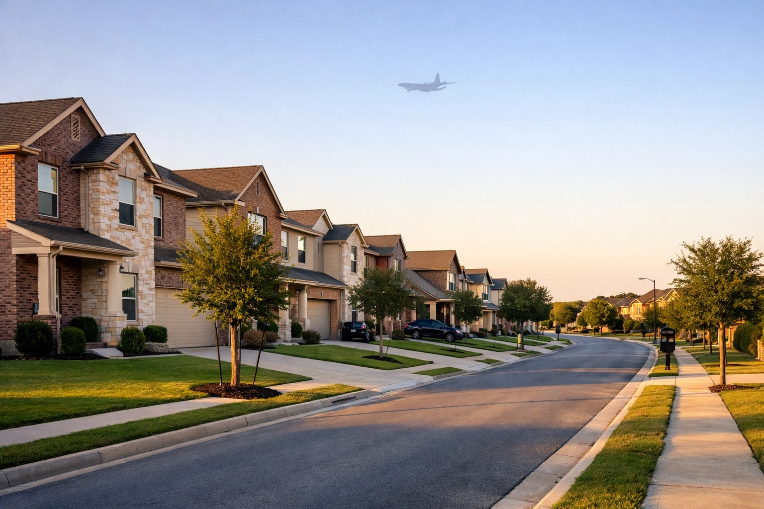 Modern brick homes on a quiet street in Converse Texas, affordable suburban housing near Randolph AFB.