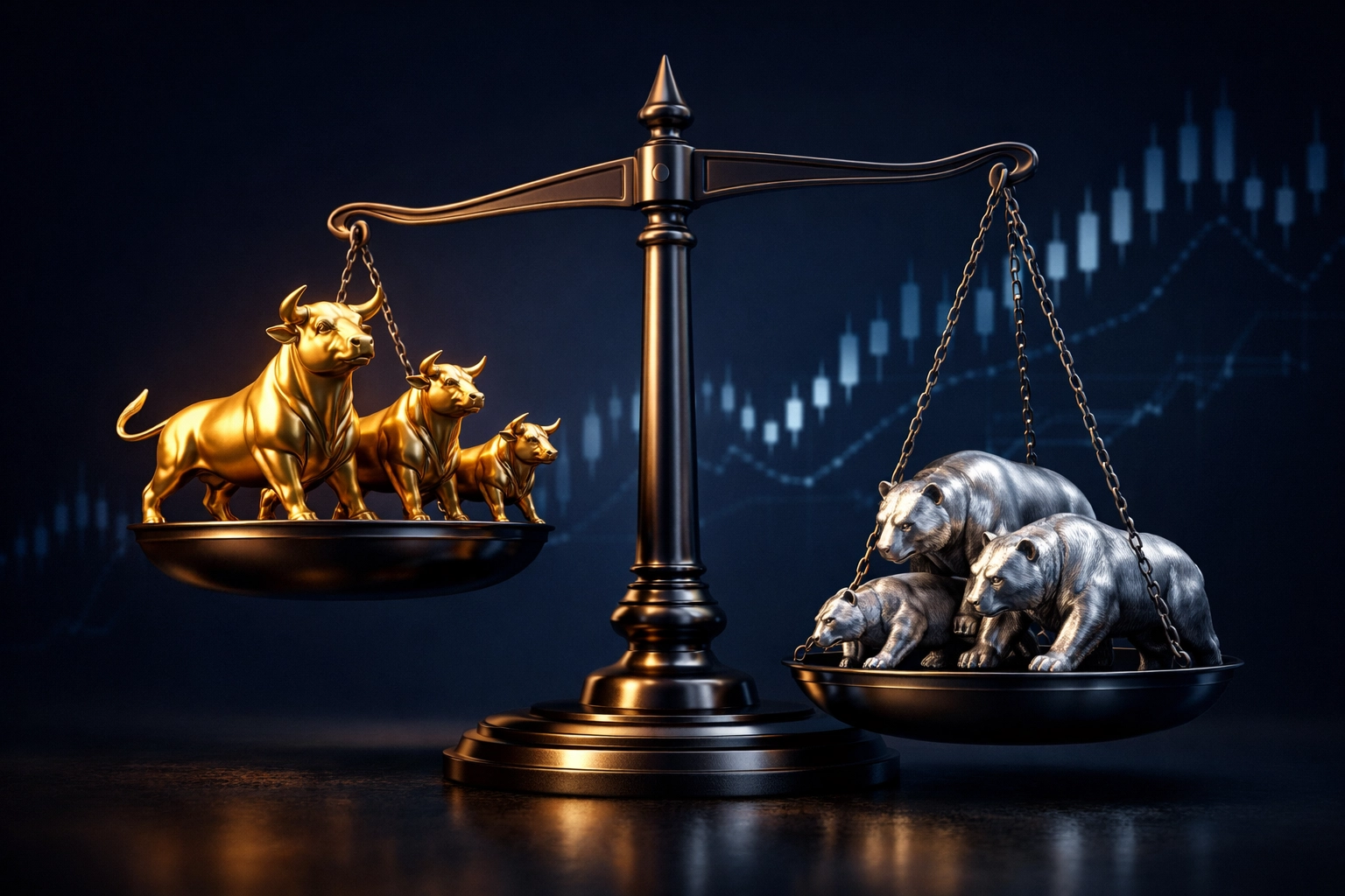 Long-short hedge strategy visualization showing balanced bull and bear market positions for risk mitigation