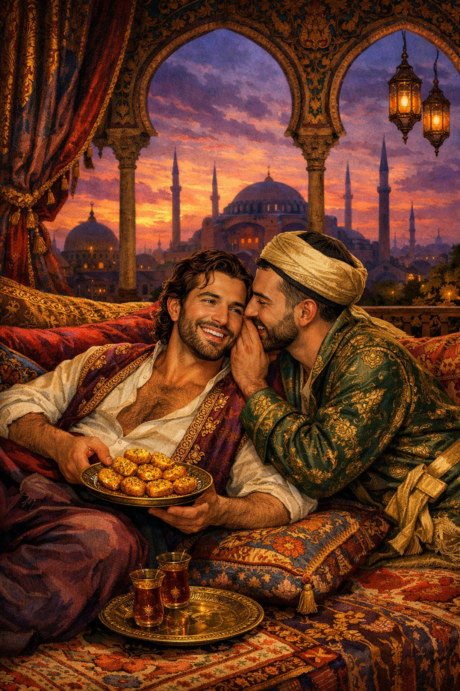 An intimate evening overlooking Istanbul, capturing the essence of a heartfelt gay love story.