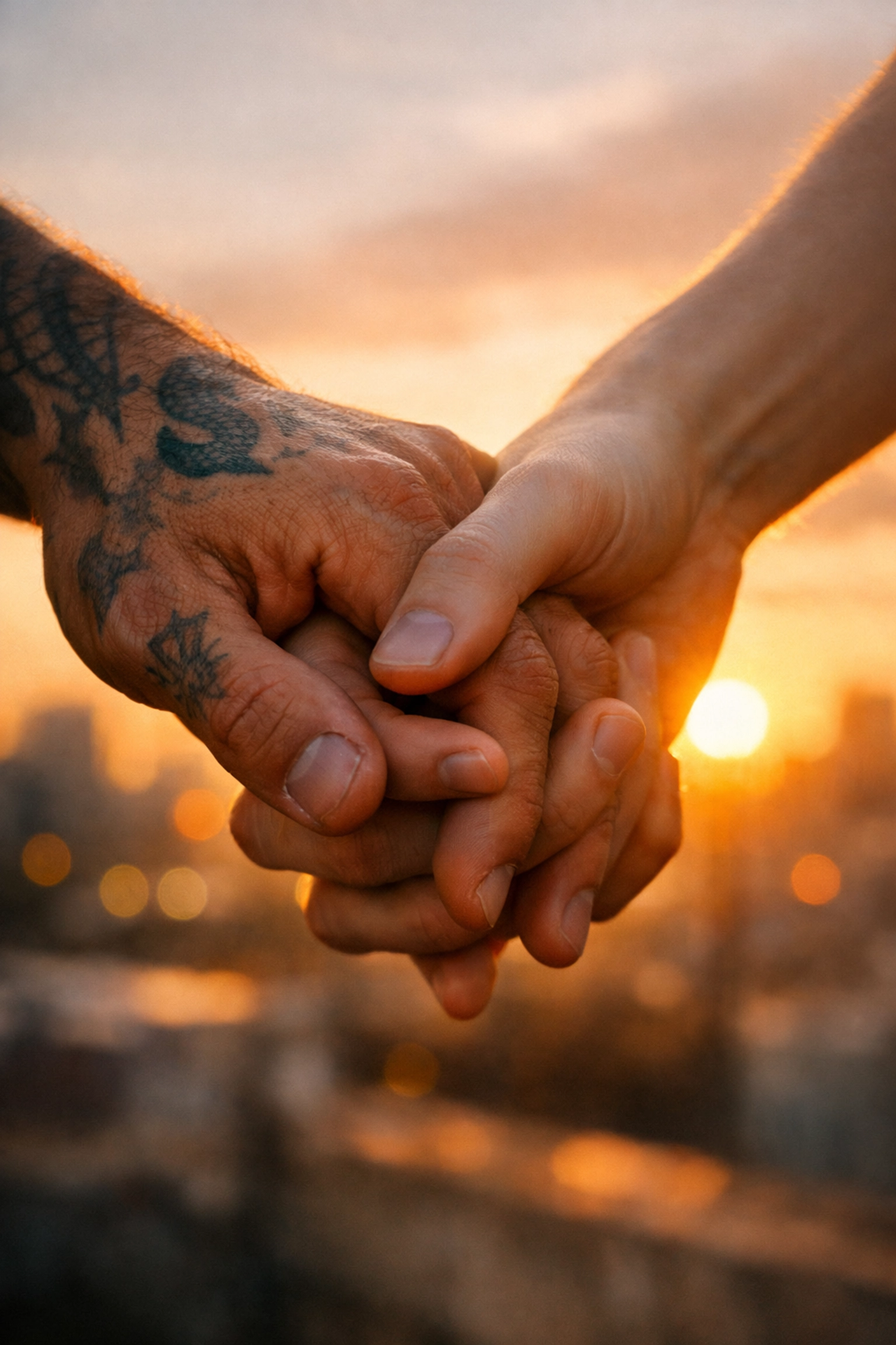 Close-up of two men's hands intertwining at sunset, symbolizing the surrender in an MM enemies-to-lovers story.
