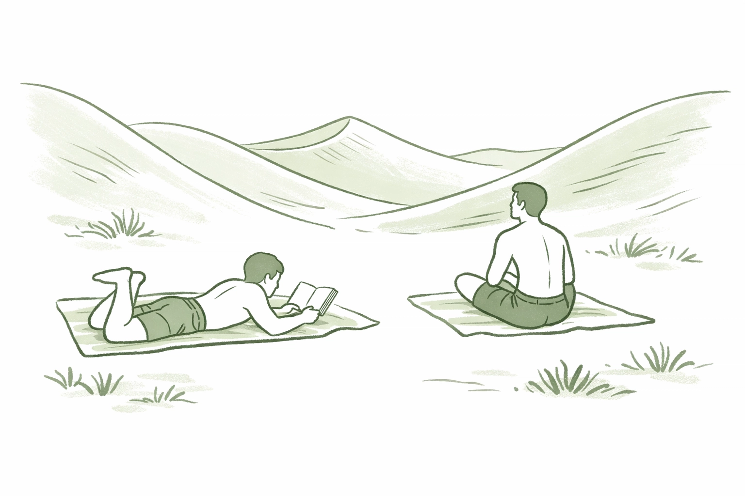 Two men relaxing in private dune valley at Maspalomas LGBTQ+ nudist beach, Gran Canaria