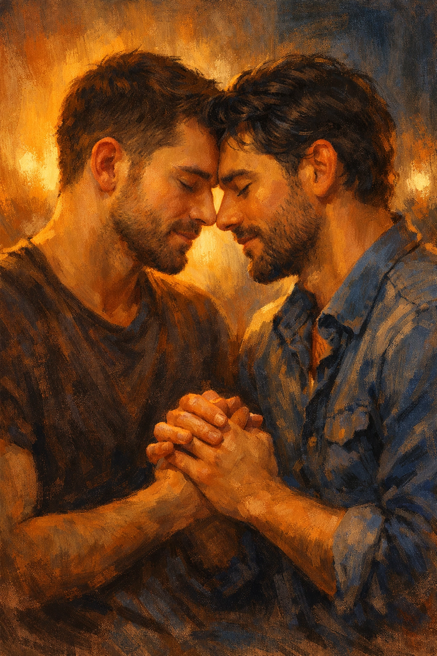 Two gay men in intimate embrace showing emotional connection and vulnerability